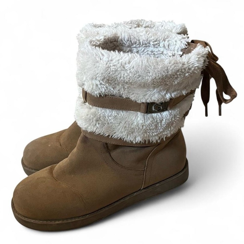 Guess Faux Suede Winter Ankle Boots with Cream Faux Fur Trim
